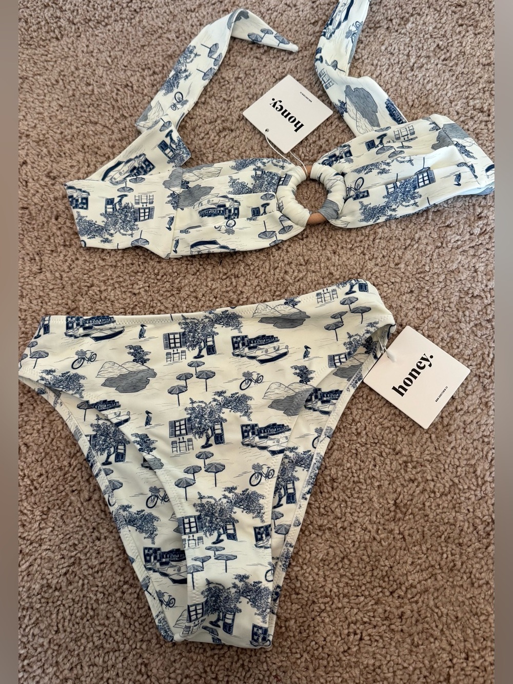 NWT Honey Swim Bikini Set: bandeau tie back top & high-waisted bottoms size XS